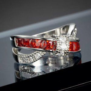 💎925 Silver Plated Antique Red CZ Punk Party Cocktail Ring, GPMB1399